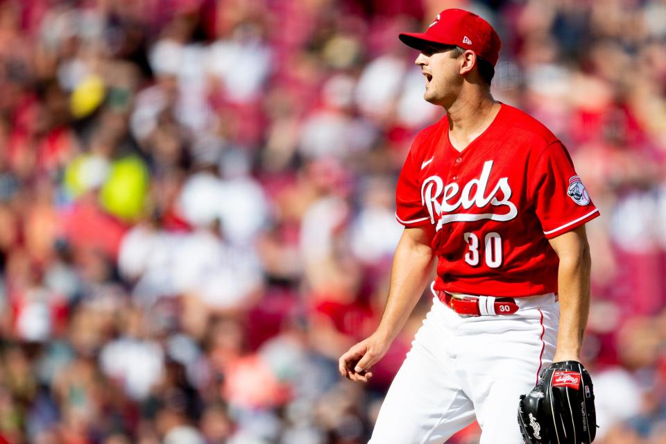 Cincinnati Reds starting pitcher Tyler Mahle (30) reacts to walking a runner with the bases loaded in the fourth inning of the MLB game between the Cincinnati Reds and the Atlanta Braves at Great American Ball Park in Cincinnati on Saturday, July 2, 2022.
