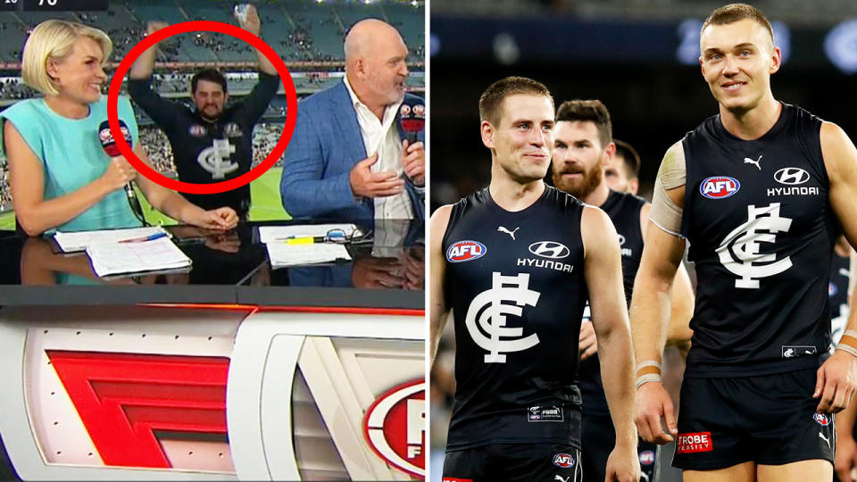 One Carlton fan was so hyped up after Carlton's comeback win over Richmond that he crashed Fox Footy's shot to slam a beer after the game. Pictures: Fox Footy/Getty Images