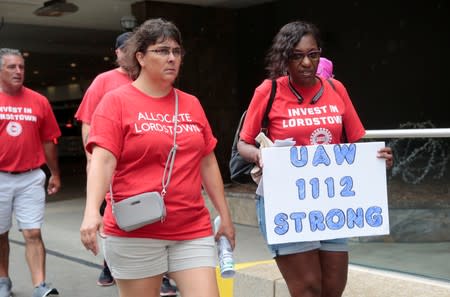 Auto workers from the General Motors Lordstown assembly plant protest GM plant closings outside General Motors World Headquarters in Detroit