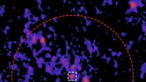  A view of pink and purple blurry dots with a half-circle denoting the area where the radio signals are coming from. 