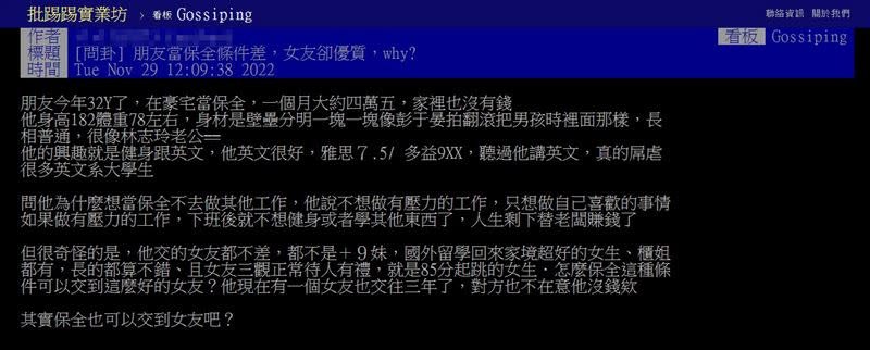 網友困惑，保全朋友交往對象條件都很好。（圖／翻攝自PTT八卦版)