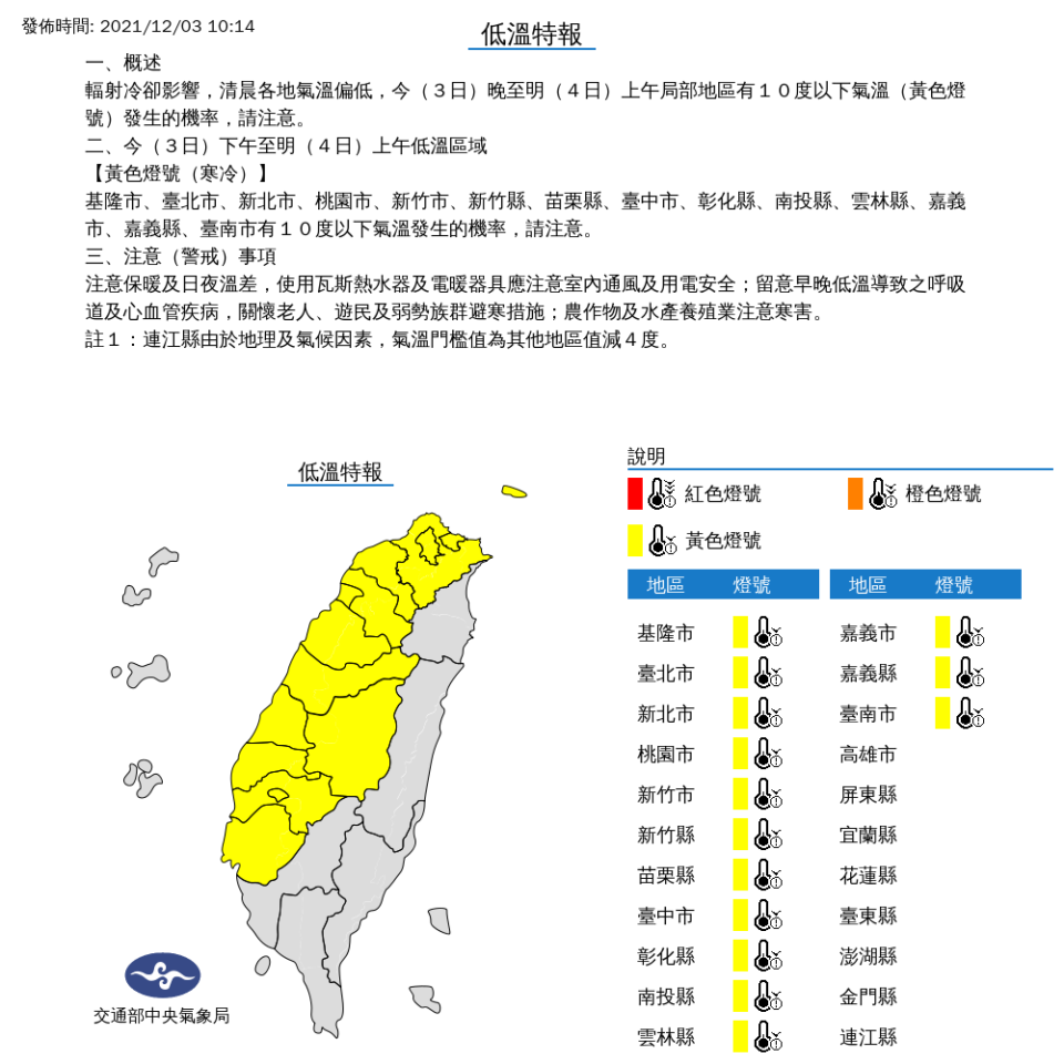 中央氣象局對14縣市發布低溫特報。   圖：中央氣象局／提供