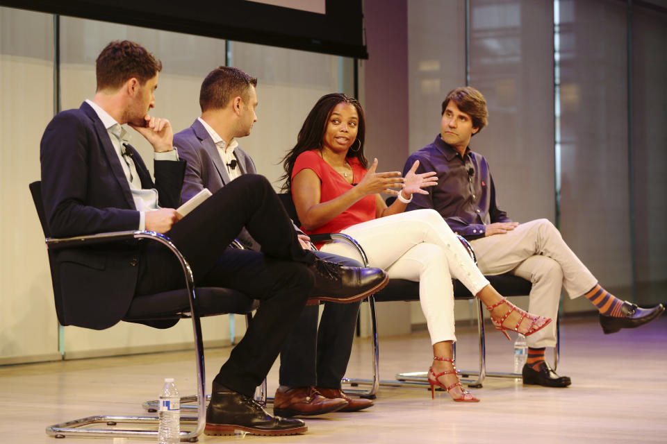 L-R: Yahoo’s Daniel Roberts, ESPN’s Nate Ravitz, ESPN’s Jemele Hill, and ESPN’s Michael Shiffman at the Hashtag Sports conference in New York on June 27, 2017. (AP)