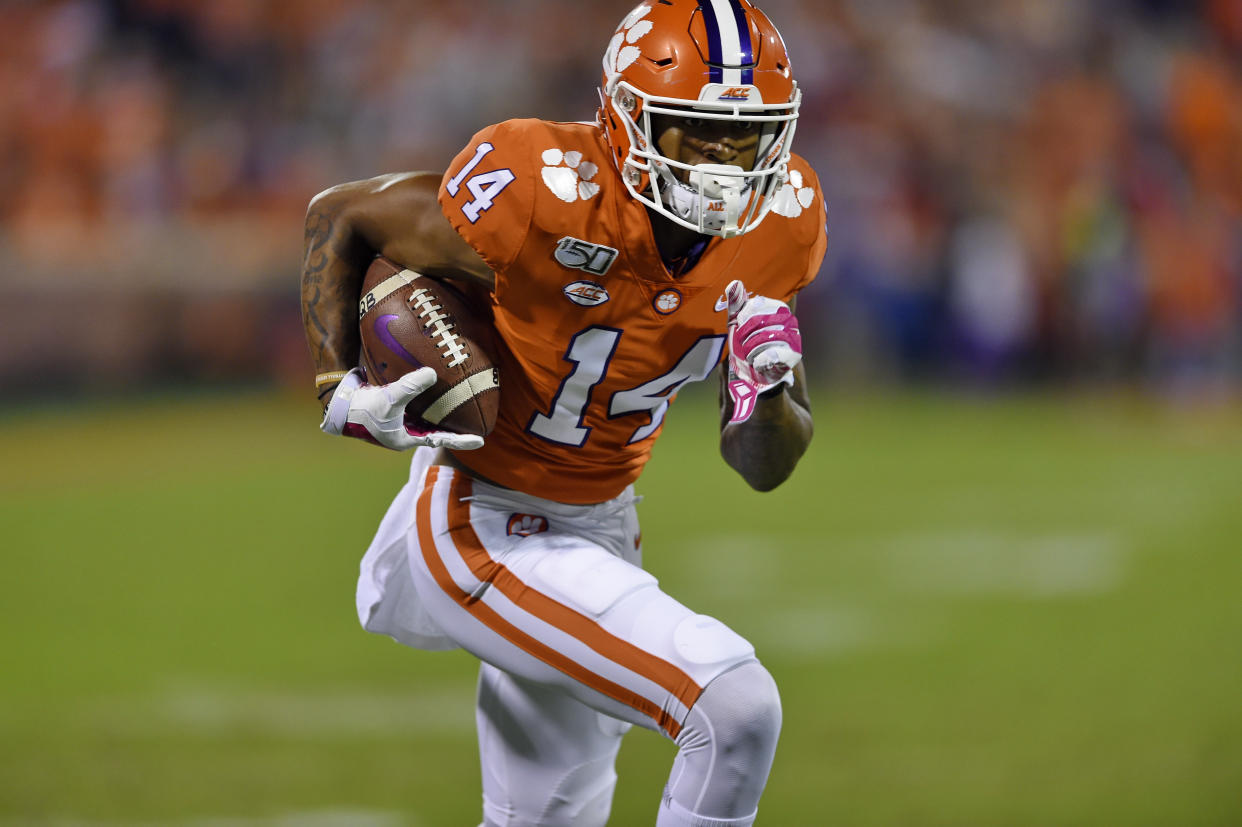 Clemson's Diondre Overton rushes for a touchdown after a reception during the first half of an NCAA college football game against Boston College Saturday, Oct. 26, 2019, in Clemson, S.C. (AP Photo/Richard Shiro)