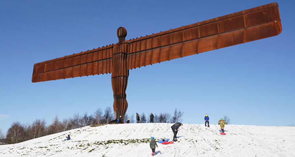 Antony Gormley's Angel of the North sculpture in the snow, at Gateshead, Tyne and Wear. Picture date: Friday March 10, 2023.