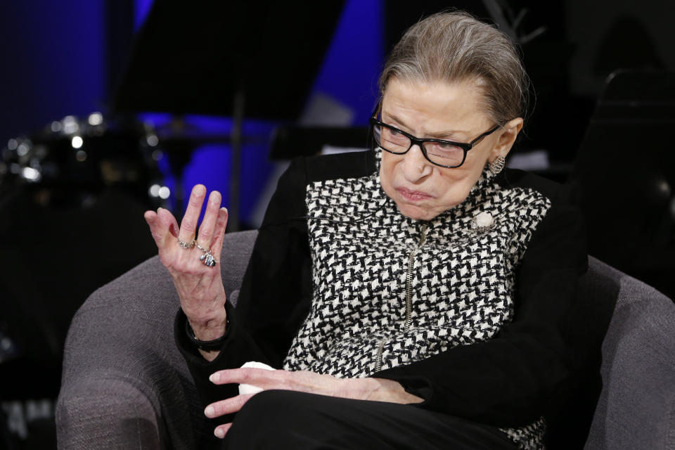 Supreme Court Justice Ruth Bader Ginsburg speaks with author Jeffrey Rosen at the National Constitution Center Americas Town Hall at the National Museum of Women in the Arts, Tuesday, Dec. 17, 2019 in Washington. (AP Photo/Steve Helber)