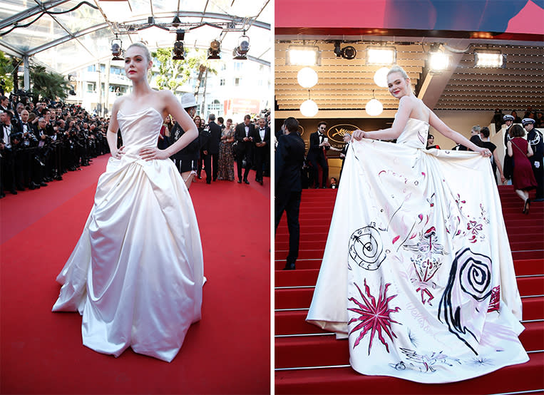 <p>Elle was a dreamboat in a custom Vivienne Westwood couture gown that literally had her name hand-painted on the back.<br><i>[Photo: AP]</i> </p>