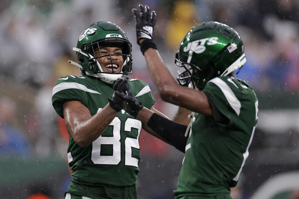 New York Jets wide receiver Xavier Gipson (82) celebrates with teammates after scoring a touchdown against the Houston Texans during the second half of an NFL football game, Sunday, Dec. 10, 2023, in East Rutherford, N.J. (AP Photo/Adam Hunger)