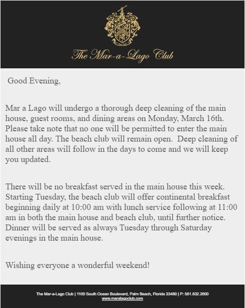 An email from President Donald Trump's for-profit Mar-a-Lago Club in Palm Beach, Florida, that details the "deep cleaning." (Photo: HuffPost US)
