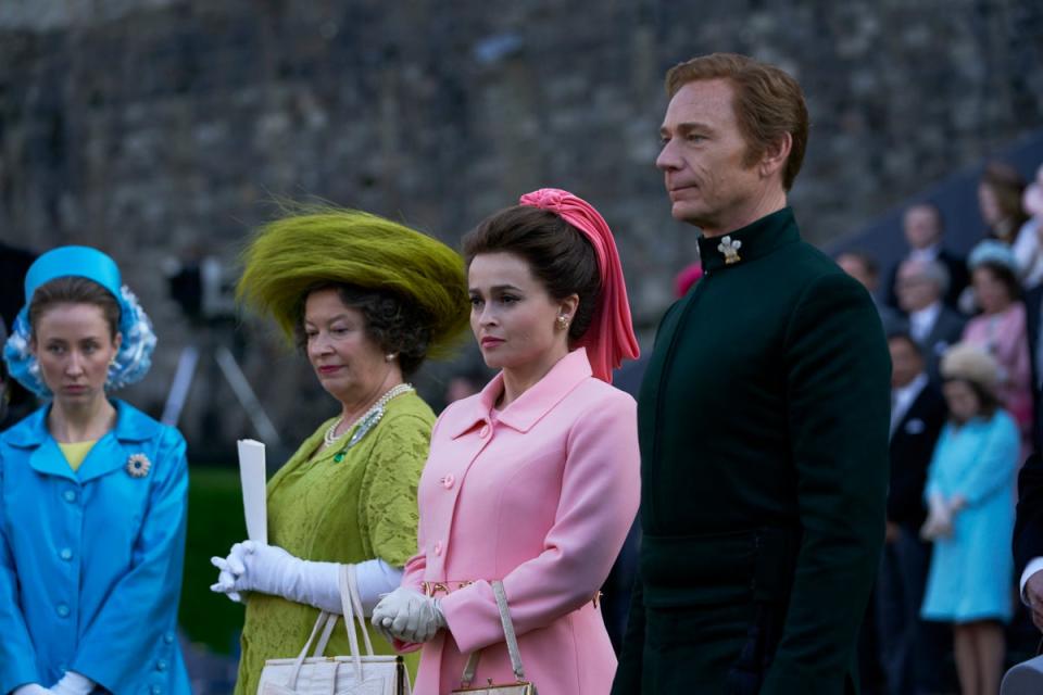 Erin Doherty as the Princess Royal, Marion Bailey as Queen Elizabeth the Queen Mother, Helena Bonham Carter as Princess Margaret and Ben Daniels as Lord Snowdon, appearing the third season of the streaming website's show, The Crown (PA)