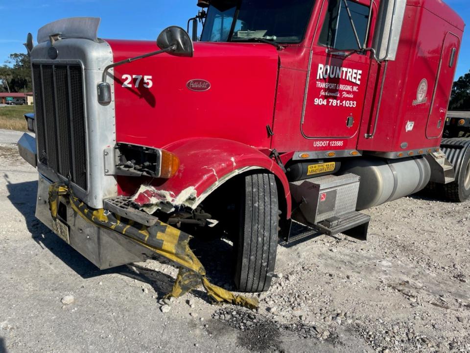 FHP officials said the semi was damaged Wednesday when it struck a pedestrian along U.S. 301.