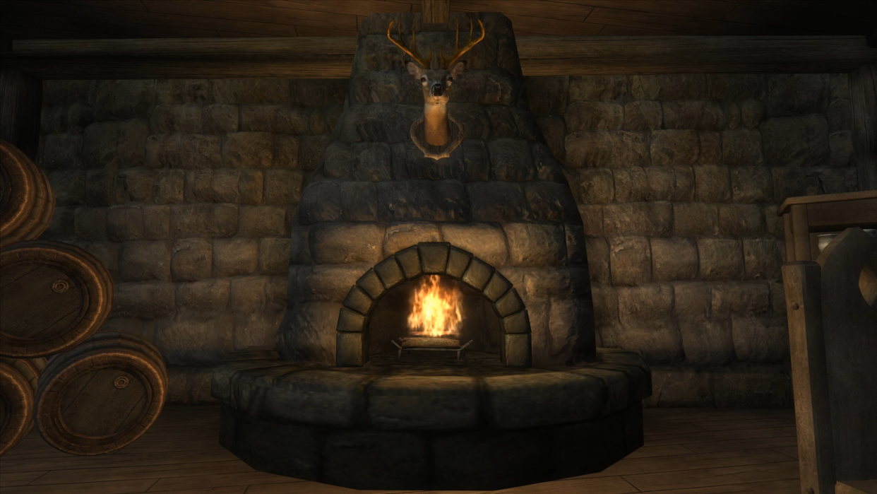  In-game fireplace in Oblivion's Oak and Crosier inn with a stuffed deer head over the fire. 