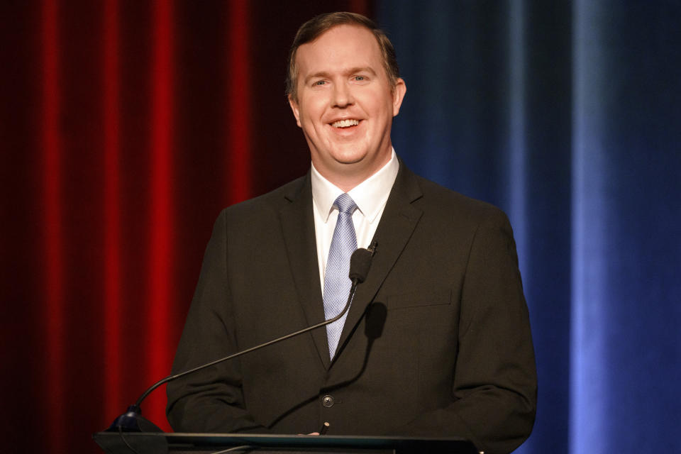 Brian Jack listens at the Congressional District 3 (Republican) Debate during the Atlanta Press Club Loudermilk-Young Debate Series on Sunday, April 28, 2024, in Atlanta. (AP Photo/Jason Allen)