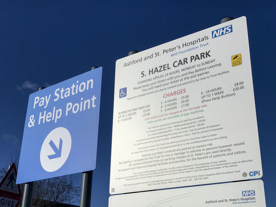 A general view of one of the visitor car parks at St Peter's Hospital near Chertsey, Surrey. A study by PA news agency has found hospitals made more than ??254 million from parking in 2018/19, with Ashford and St Peter's Hospitals NHS Foundation Trust charging ??3.50 for a one-hour stay. (Photo by Steve Parsons/PA Images via Getty Images)