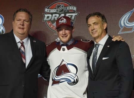 FILE PHOTO: June 23, 2017; Chicago, IL, USA; Cale Makar poses for photos after being selected as the number four overall pick to the Colorado Avalanche in the first round of the 2017 NHL Draft at the United Center. David Banks-USA TODAY Sports