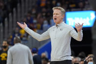 Golden State Warriors coach Steve Kerr gestures toward officials during the first half of the team's NBA basketball game against the Portland Trail Blazers in San Francisco, Wednesday, Dec. 8, 2021. (AP Photo/Jeff Chiu)