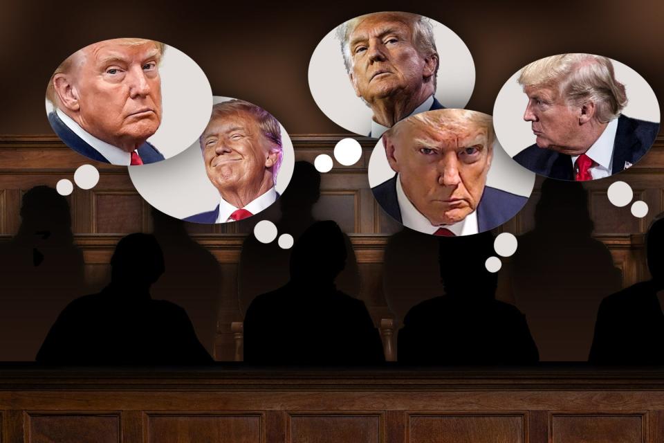 A photo illustration of silhouettes of jurors sitting in a jury box with thought bubbles over their heads, each of them with an image of Trump making a different facial expression.
