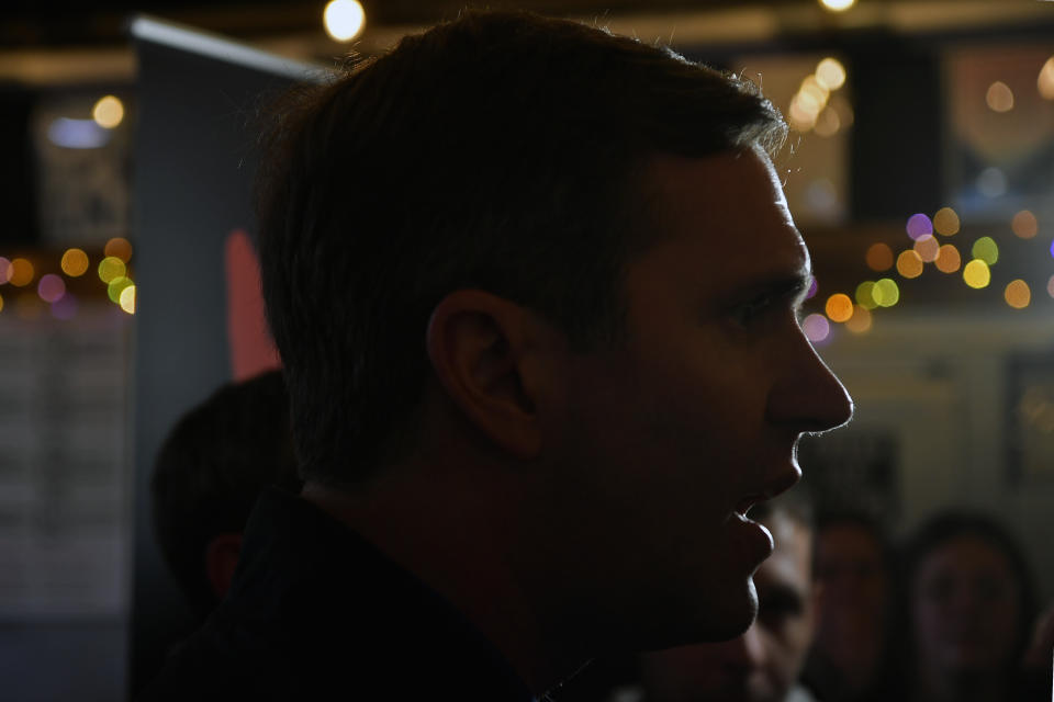 Kentucky Governor and Democratic candidate for re-election Andy Beshear speaks to supporters during a stop of his statewide bus tour in Richmond, Ky., Monday, Oct. 30, 2023. (AP Photo/Timothy D. Easley)