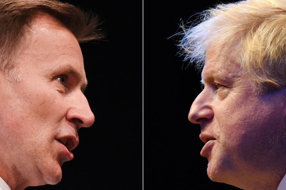 A combination of pictures created in London on July 19, 2019 shows the two British Conservative Party leadership candidates; Boris Johnson (R) giving a speech during a fringe event on the sidelines of the third day of the Conservative Party Conference 2018 at the International Convention Centre in Birmingham, on October 2, 2018 and Jeremy Hunt (L) taking part in a Conservative Party Hustings event in York, north east England, on July 4, 2019. - The new leader of the Conservative Party and new UK Prime Minister will be announced on July 23, 2019. (Photo by Oli SCARFF / AFP)        (Photo credit should read OLI SCARFF/AFP/Getty Images)