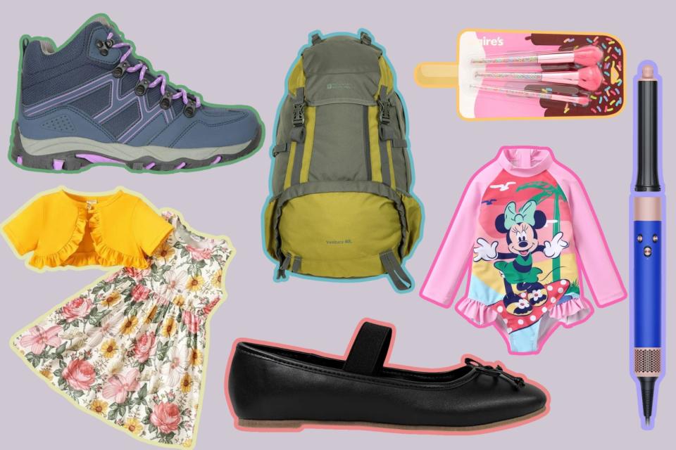 walmart shoes, kids clothing, mountain warehouse backpack, minnie mouse kids bathing suit, claire's makeup brushes and a dyson hair accessory