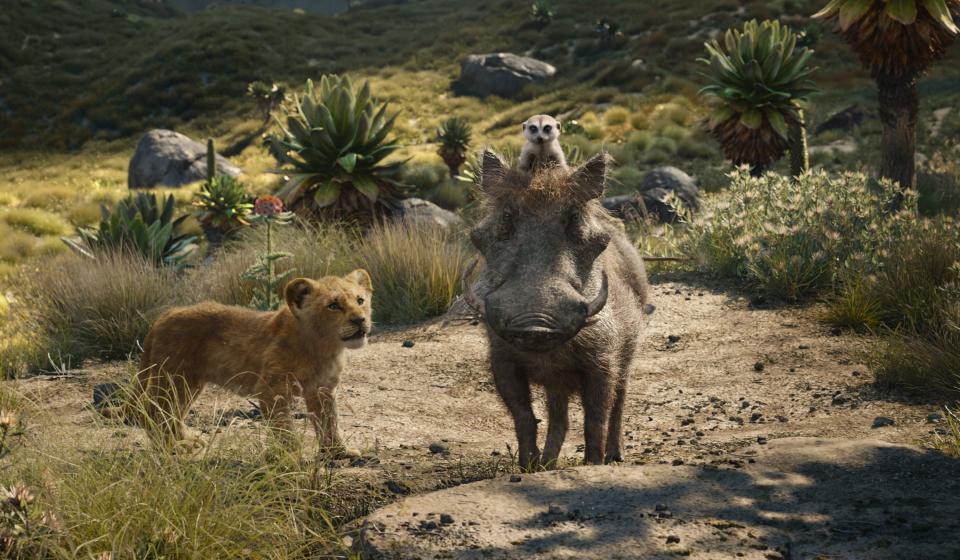 Young Simba (voiced by JD McCrary, left) makes friends with meerkat Timon (Billy Eichner) and warthog Pumbaa (Seth Rogen) in 