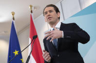 Former Austrian Chancellor Sebastian Kurz announces that he is quitting politics, two months after stepping down as leader amid corruption allegations, during a news conference in Vienna, Austria, Thursday, Dec. 2, 2021. (AP Photo/Lisa Leutner)