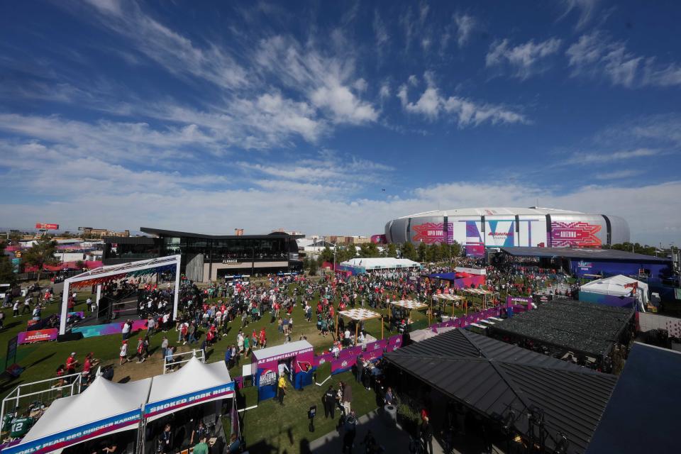 A general overall view of the fan plaza outside before Super Bowl 57 between the Kansas City Chiefs and Philadelphia Eagles at State Farm Stadium on Feb. 12, 2023, in Glendale, Ariz.