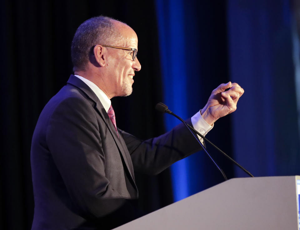 Tom Perez, chair of the Democratic National Committee speaks during the Florida Democratic Party state conference, Saturday, June 8, 2019, in Orlando, Fla. (AP Photo/John Raoux)