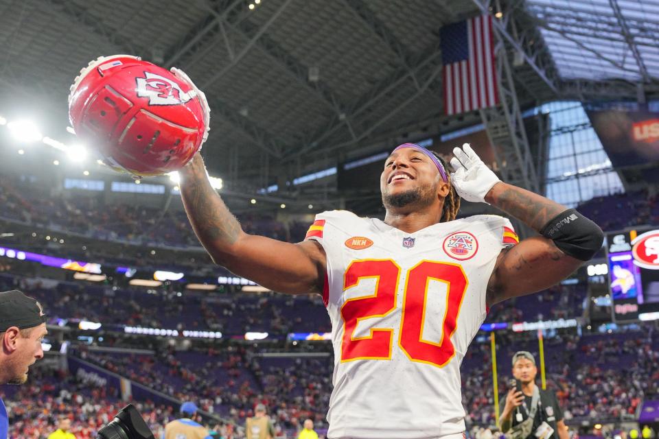 Kansas City Chiefs safety Justin Reid salutes the fans after the game against the Minnesota Vikings at U.S. Bank Stadium.