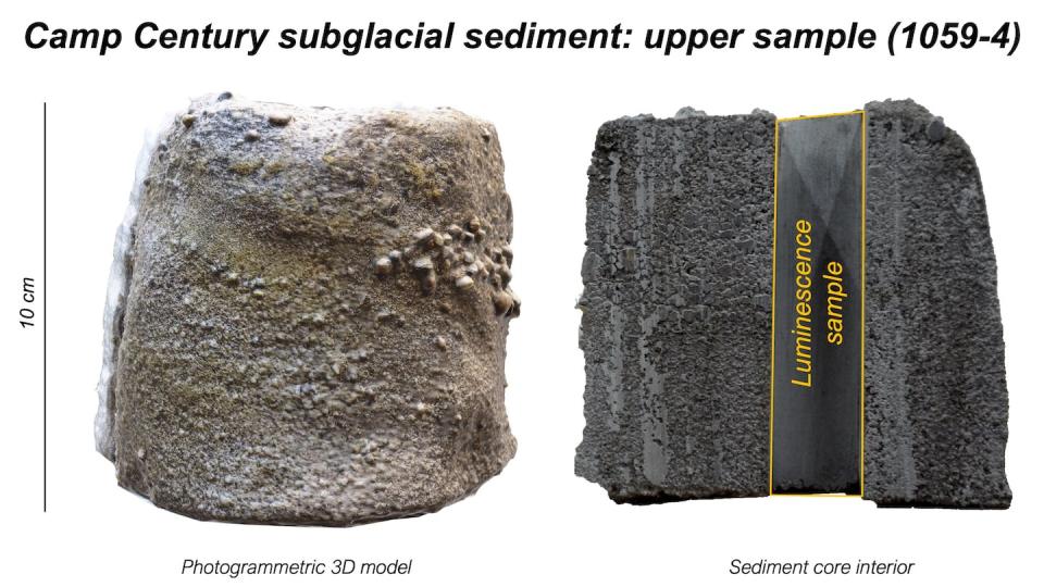 The uppermost sample of the Camp Century sub-ice sediment core tells a story of vanished ice and tundra life in Greenland 416,000 years ago. <a href="https://www.campcentury.org/press/photos" rel="nofollow noopener" target="_blank" data-ylk="slk:Andrew Christ/University of Vermont;elm:context_link;itc:0;sec:content-canvas" class="link ">Andrew Christ/University of Vermont</a>