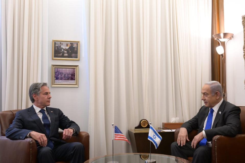 The US canceled a meeting with Israel after the country’s leader slammed the Biden administration, accusing it of withholding weapons. Pictured:  Secretary of State Antony Blinken meets with Israel Minister Benjamin Netanyahu earlier this month (EPA)