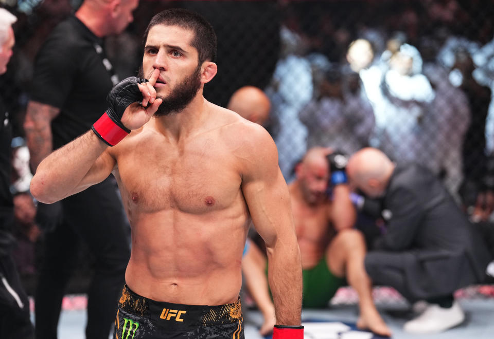 ABU DHABI, UNITED ARAB EMIRATES - OCTOBER 21: Islam Makhachev of Russia reacts after his knockout victory against Alexander Volkanovski of Australia in the UFC lightweight championship fight during the UFC 294 event at Etihad Arena on October 21, 2023 in Abu Dhabi, United Arab Emirates. (Photo by Chris Unger/Zuffa LLC via Getty Images)