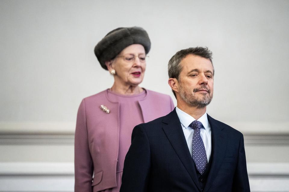 Denmark's King Frederik X and Queen Margrethe attend Folketingsalen, the Danish Parliament, at Christiansborg Castle, in Copenhagen, Monday, Jan. 2024. Denmark’s new King Frederik X has visited the Danish parliament on his first formal day on the job. His mother, Queen Margrethe, abdicated on Sunday after 52 years on the throne, the first Danish monarch to do so in nearly 900 years. (Ida Marie Odgaard/Ritzau Scanpix via AP)