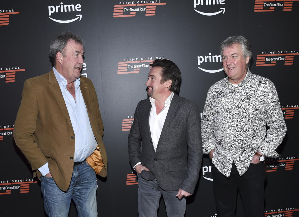 Co-hosts Jeremy Clarkson, from left, Richard Hammond and James May attend Amazon Studio's "The Grand Tour" season two premiere screening and party at Duggal Greenhouse on Thursday, Dec. 7, 2017, in New York. (Photo by Evan Agostini/Invision/AP)