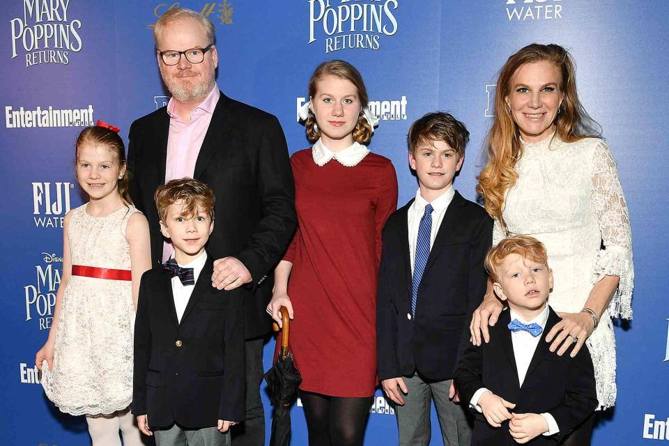 <p>Dia Dipasupil/WireImage</p> Jim Gaffigan and Jeannie Gaffigan with their kids at a screening of "Mary Poppins Returns" on December 17, 2018 in New York City.  