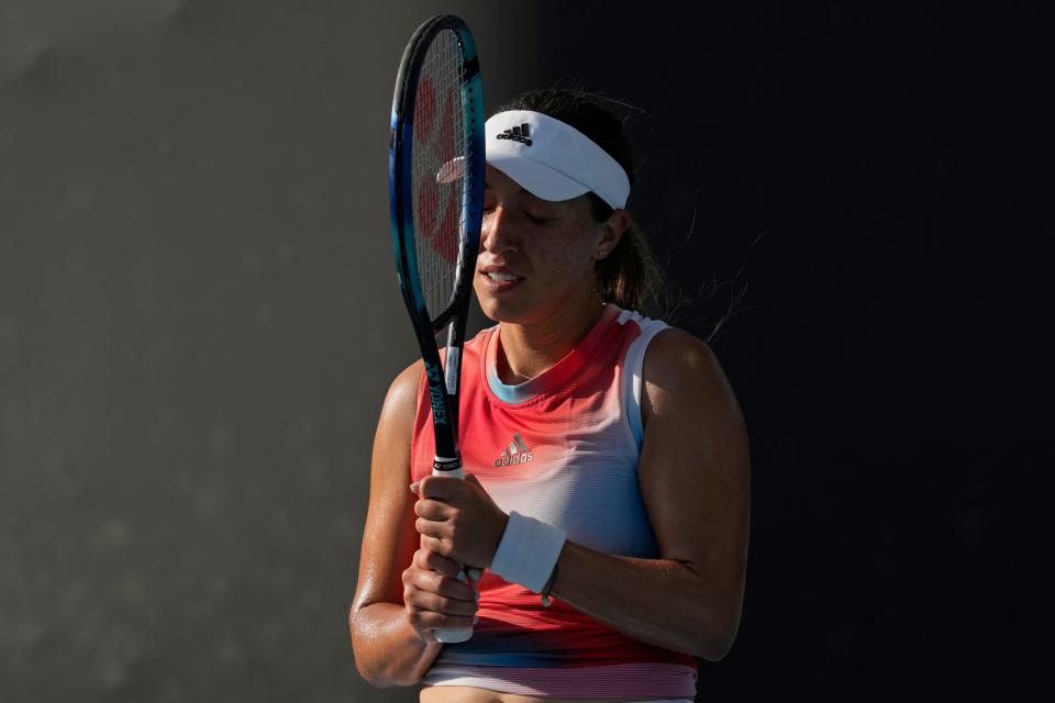 Jan. 17: Jessica Pegula of the U.S. reacts during her first-round match against Anhelina Kalinina of Ukraine.