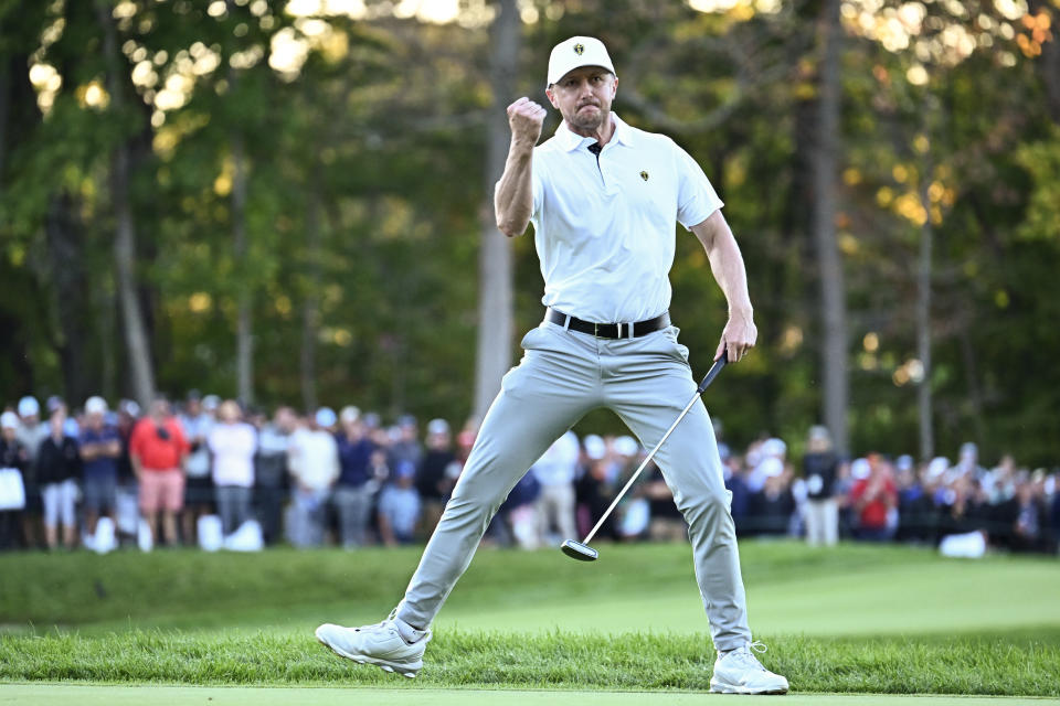 MONTREAL, QUEBEC - SEPTEMBER 28: Mackenzie Hughes of the International Team reacts to a birdie putt on the 16th hole during Saturday's Foursomes play on day three of the 2024 Presidents Cup at Royal Montreal Golf Club on September 28, 2024 in Montreal, Quebec. (Photo by Chris Condon/PGA Tour)