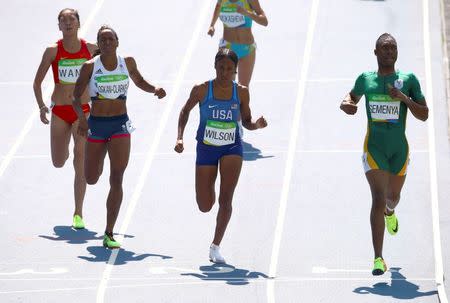 2016 Rio Olympics - Athletics - Preliminary - Women's 800m Round 1 - Olympic Stadium - Rio de Janeiro, Brazil - 17/08/2016. Caster Semenya (RSA) of South Africa, Ajee Wilson (USA) of USA, Shelayna Oskan-Clarke (GBR) of Britain and Wang Chunyu (CHN) of China compete REUTERS/David Gray