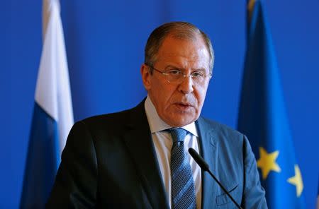 Russian Foreign Minister Sergei Lavrov attends a news conference with French Foreign Minister Jean-Marc Ayrault (not seen) following their meeting at the Quai D'Orsay in Paris, France, June 29, 2016. Reuters/Jacky Naegelen