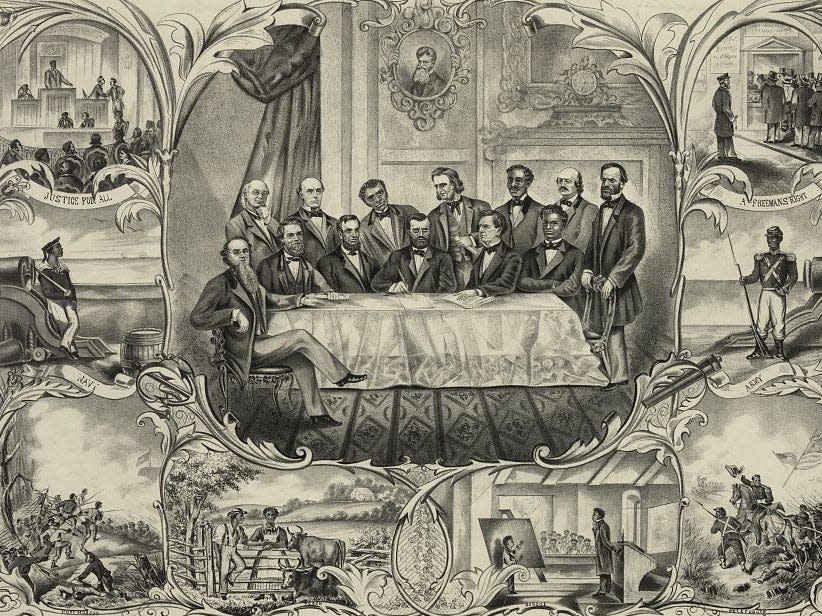 A print showing Ulysses S. Grant signing the Fifteenth Amendment