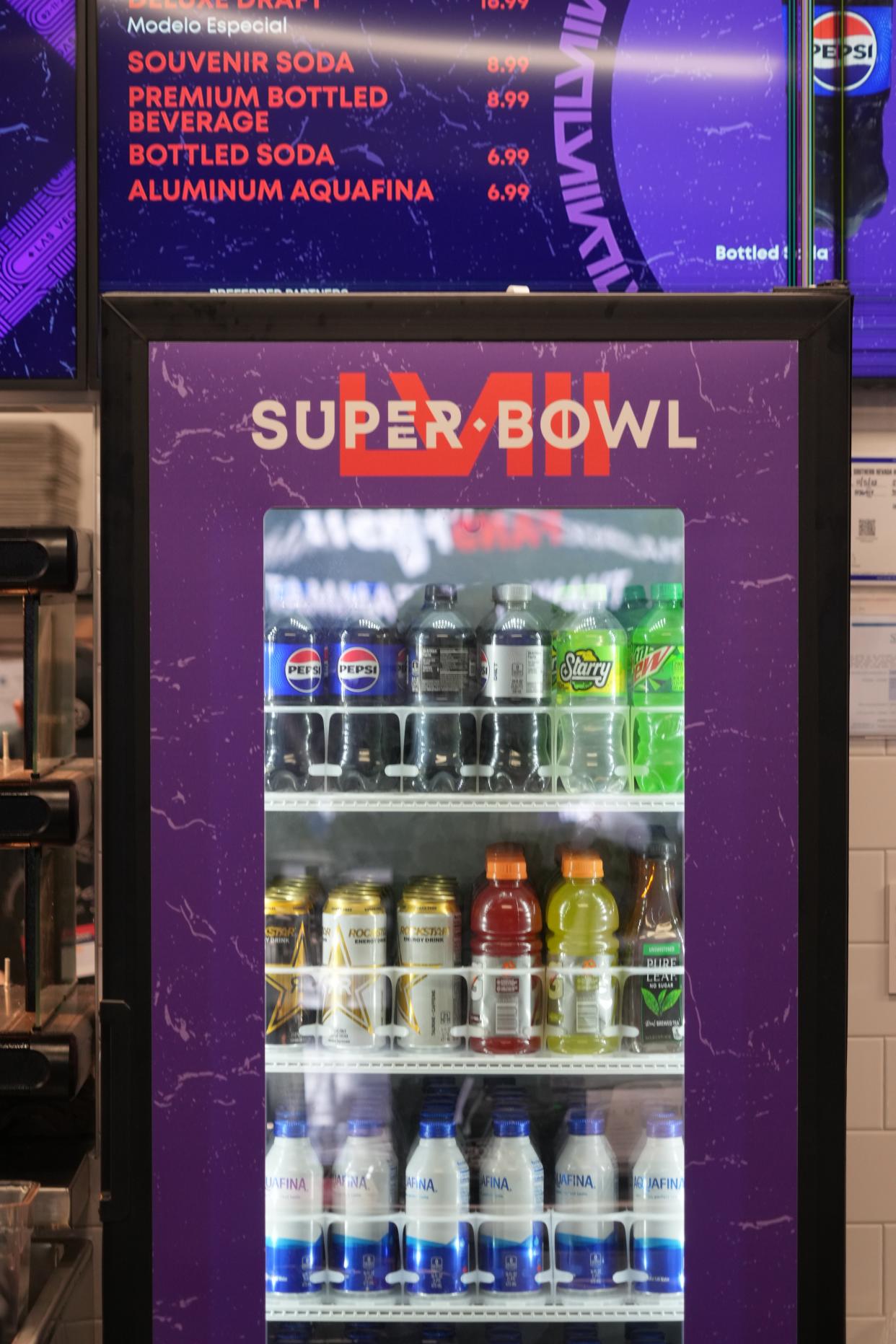 Concession prices in the stands before Super Bowl LVIII between the Kansas City Chiefs and the San Francisco 49ers at Allegiant Stadium