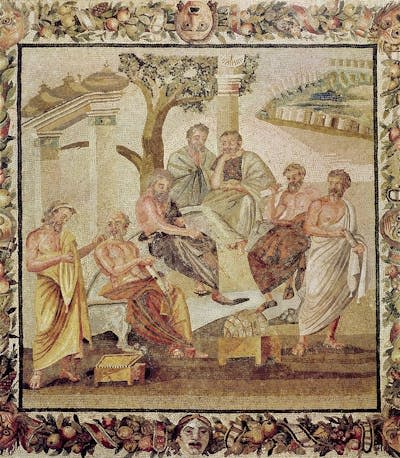 A scene of seven men in toga-like garments sitting and standing around a tree.