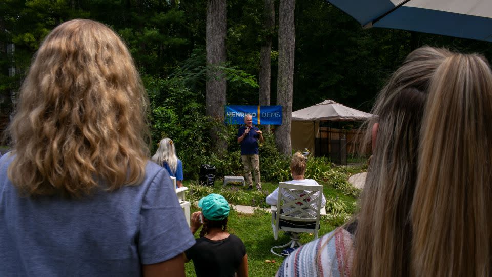 Kaine speaks to the crowd during the backyard rally in Glen Allen, Virginia, on September 9, 2023. - Rebecca Wright/CNN