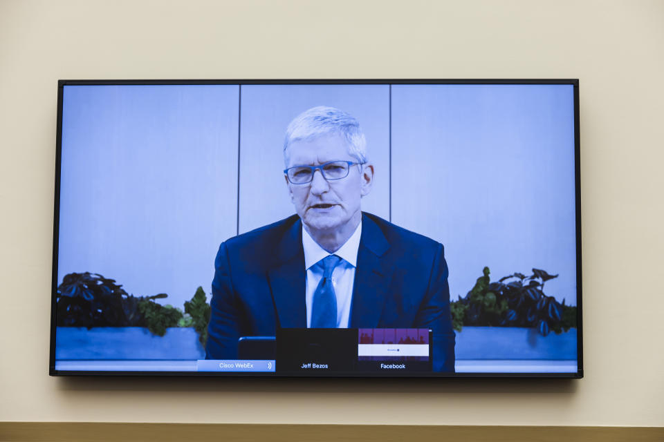 WASHINGTON, DC - JULY 29: Apple CEO Tim Cook speaks via video conference during the House Judiciary Subcommittee on Antitrust, Commercial and Administrative Law hearing on Online Platforms and Market Power in the Rayburn House office Building, July 29, 2020 on Capitol Hill in Washington, DC. (Photo by Graeme Jennings-Pool/Getty Images)