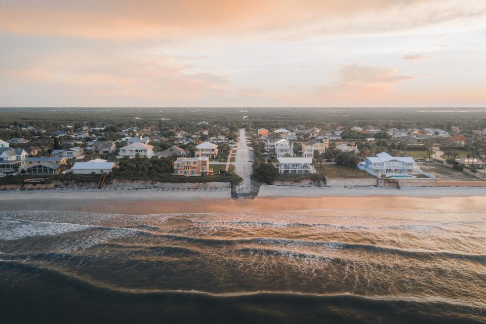 Aerial view of city at sunset, New Smyrna Beach,Florida,United States,USA