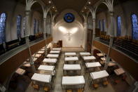 Bunk beds for migrants are seen set up inside a Protestant church in Oberhausen, Germany, October 30, 2015. REUTERS/Ina Fassbender