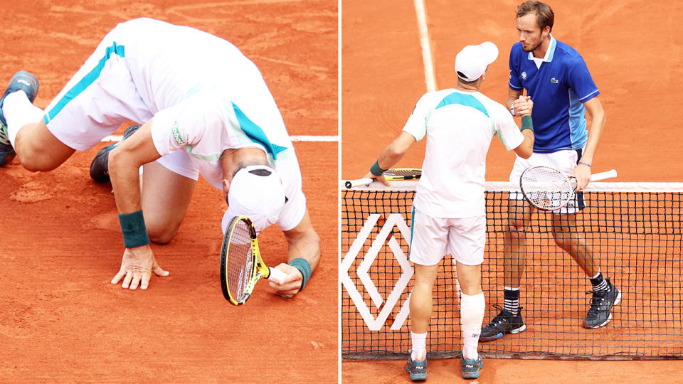 Facundo Bagnis, pictured here clearly injured in his first-round clash with Daniil Medvedev at the French Open.