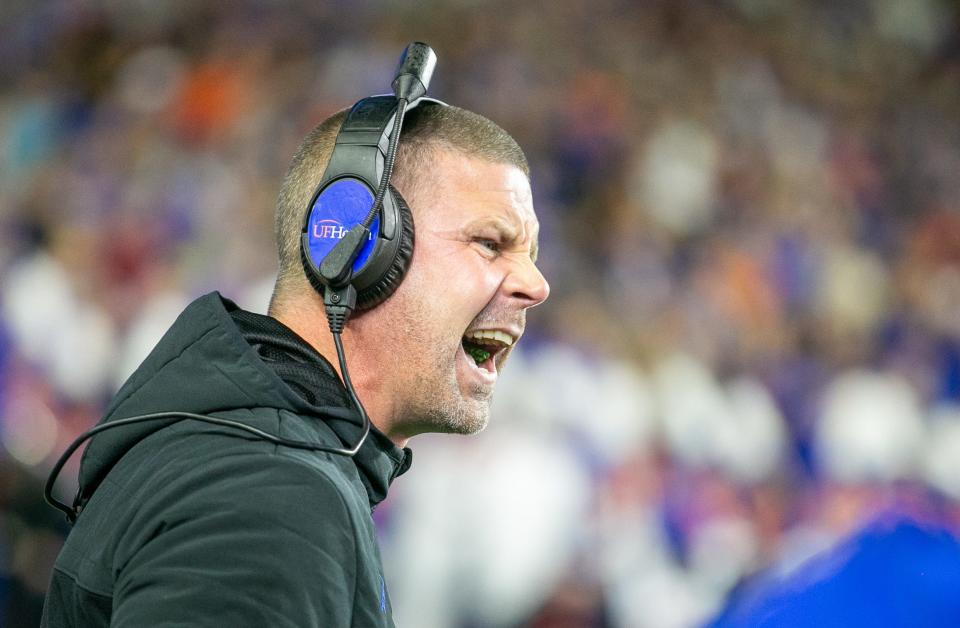 Florida Gators head coach Billy Napier collars at the officials during first half action as Florida takes on Florida State at Steve Spurrier Field at Ben Hill Griffin Stadium in Gainesville, FL on Saturday, November 25, 2023. [Alan Youngblood/Gainesville Sun]