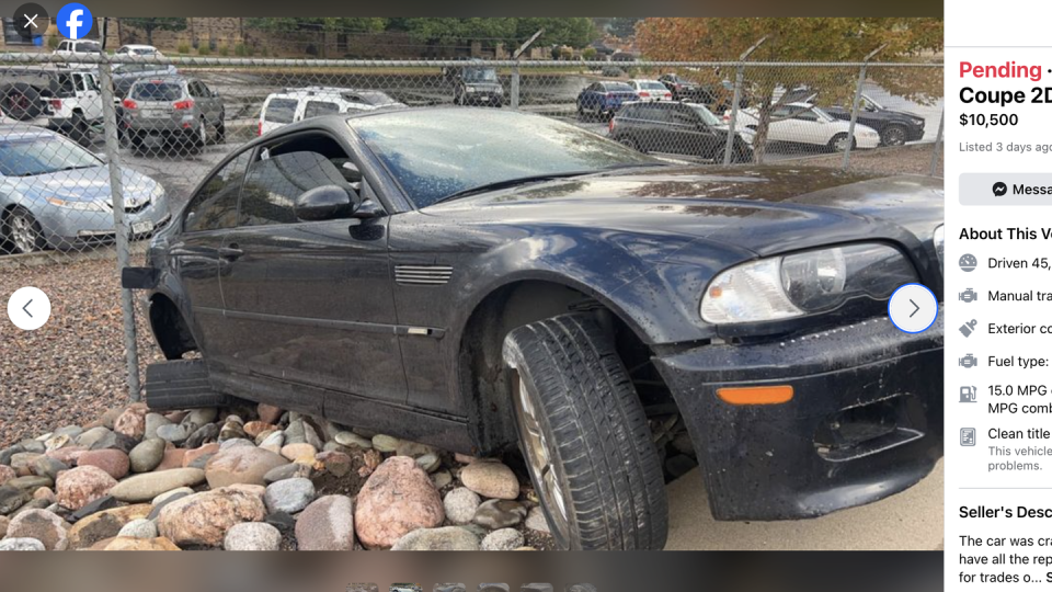 crashed bmw m3 on rocks in facebook marketplace listing