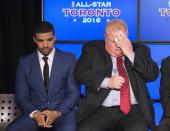 Rapper Drake (L) sits with Toronto Mayor Rob Ford during an announcement that the Toronto Raptors will host the 2016 NBA All-Star game in Toronto, September 30, 2013. Toronto was selected as the host of the National Basketball Association's (NBA) 2016 All-Star Game, marking the first time the showcase event will be held outside of the United States, the league said on Monday. REUTERS/Mark Blinch (CANADA - Tags: SPORT BASKETBALL ENTERTAINMENT)